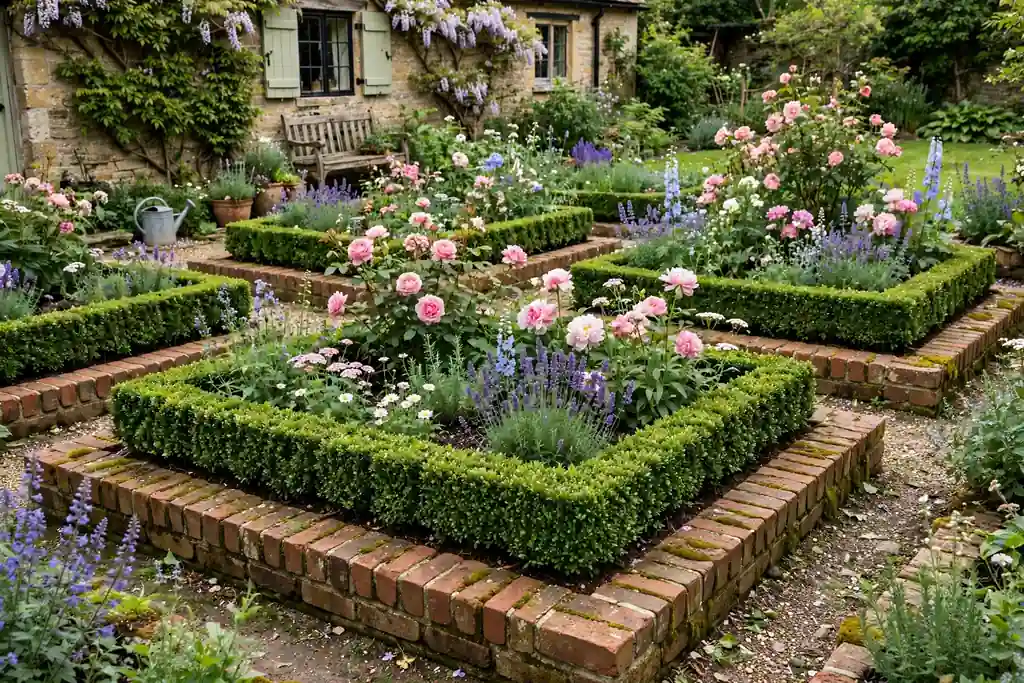 Brick-edged flower beds framed with low boxwood hedging