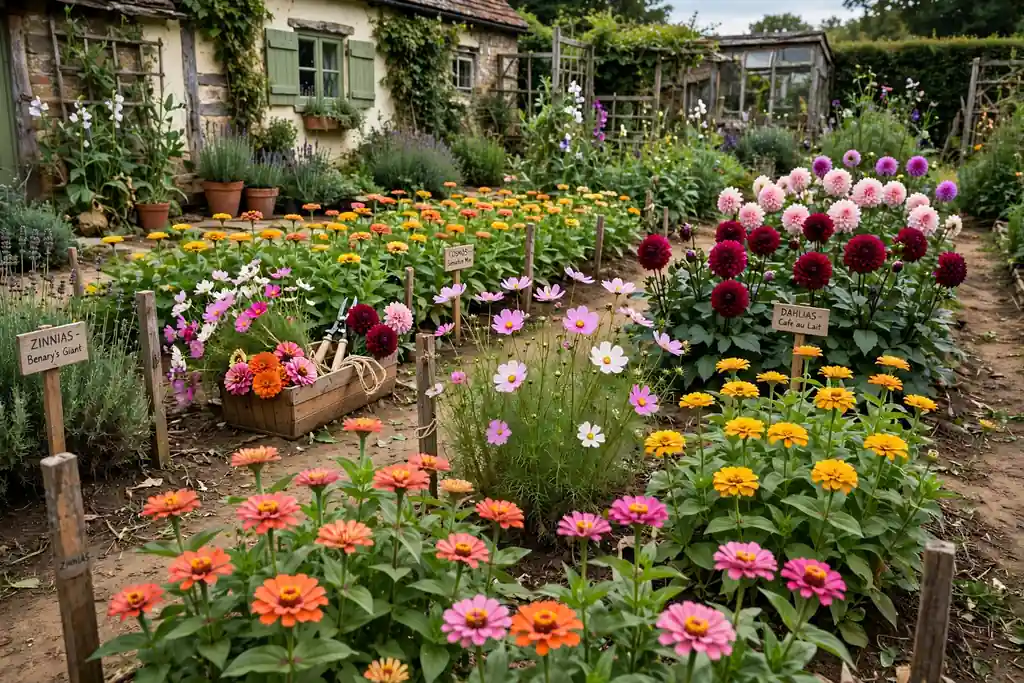 Cutting garden rows of zinnias, cosmos, and dahlias in bloom