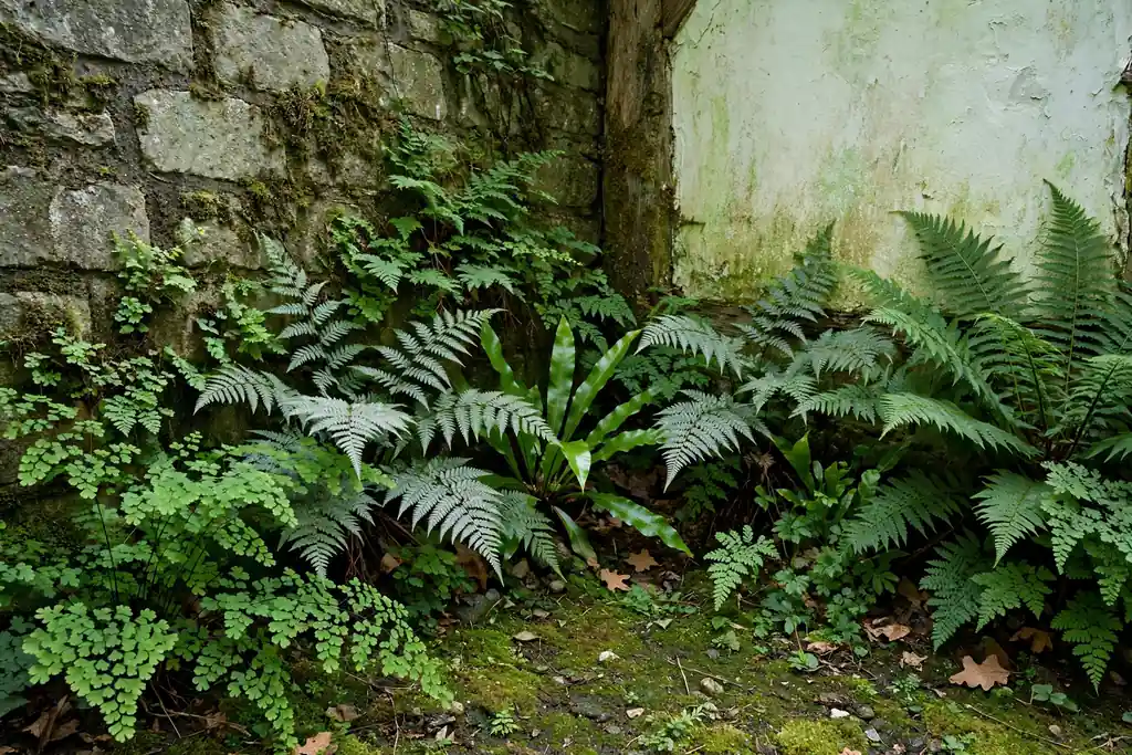 Shaded corner with varied ferns growing against a cottage wall