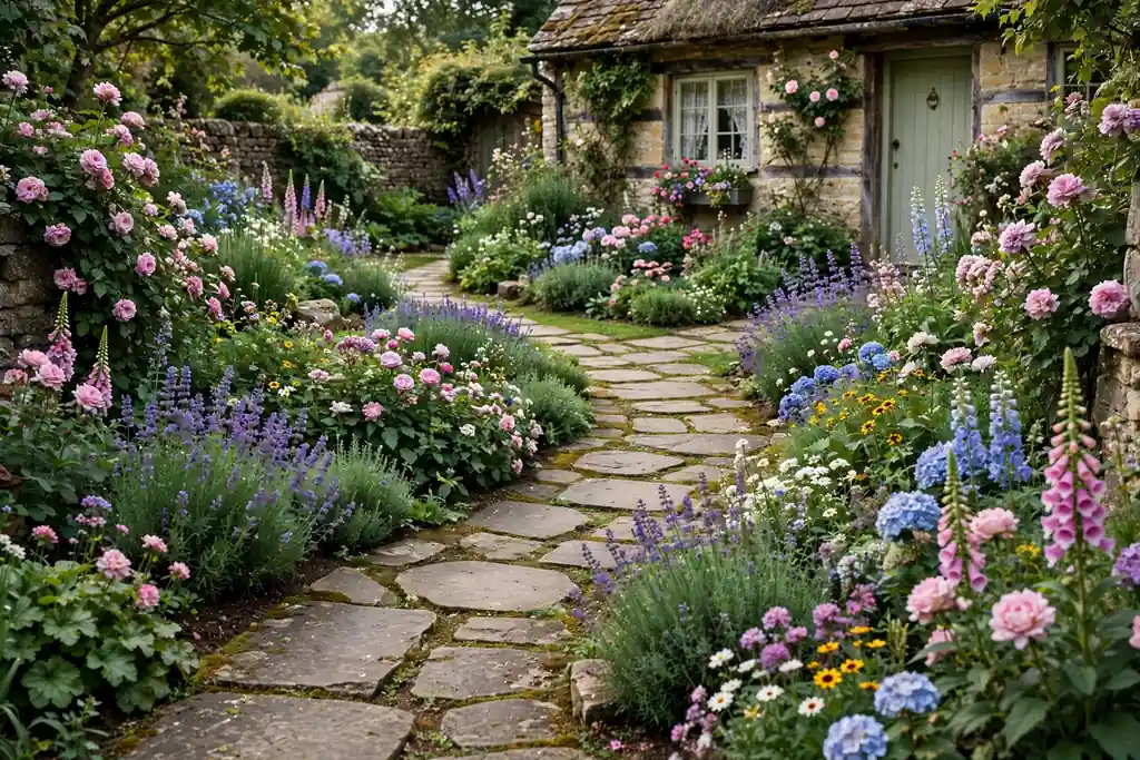 Winding stepping stone path curving through cottage flower beds