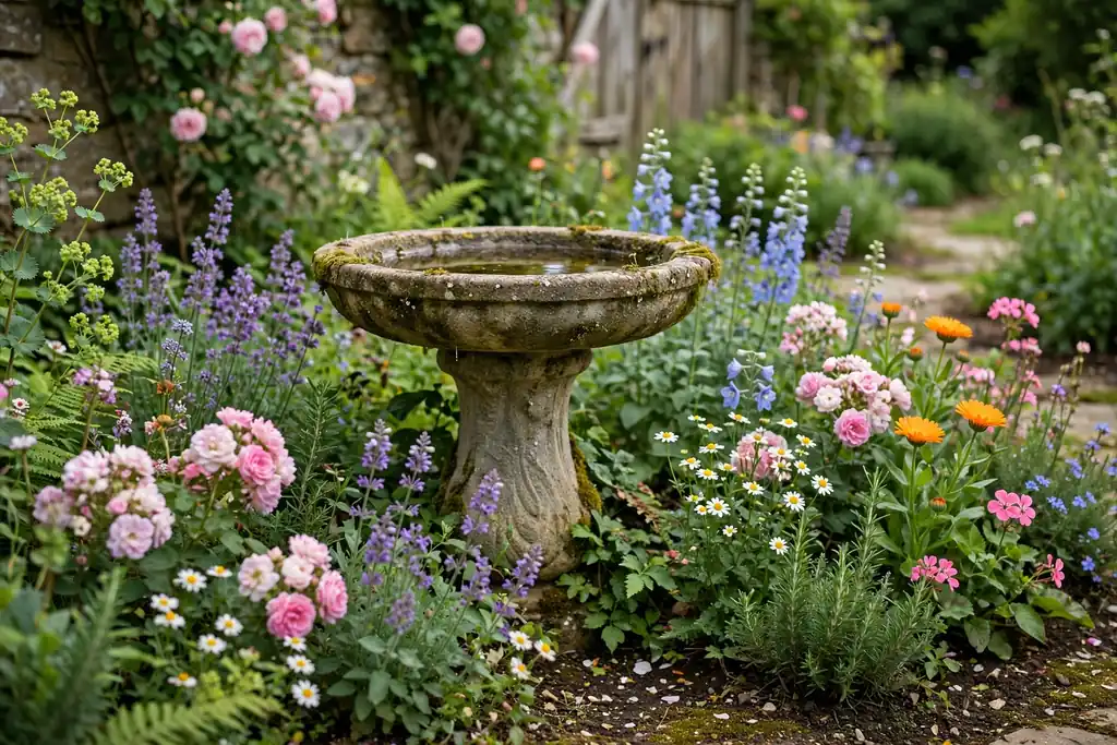 Stone bird bath standing among flowers in a garden bed