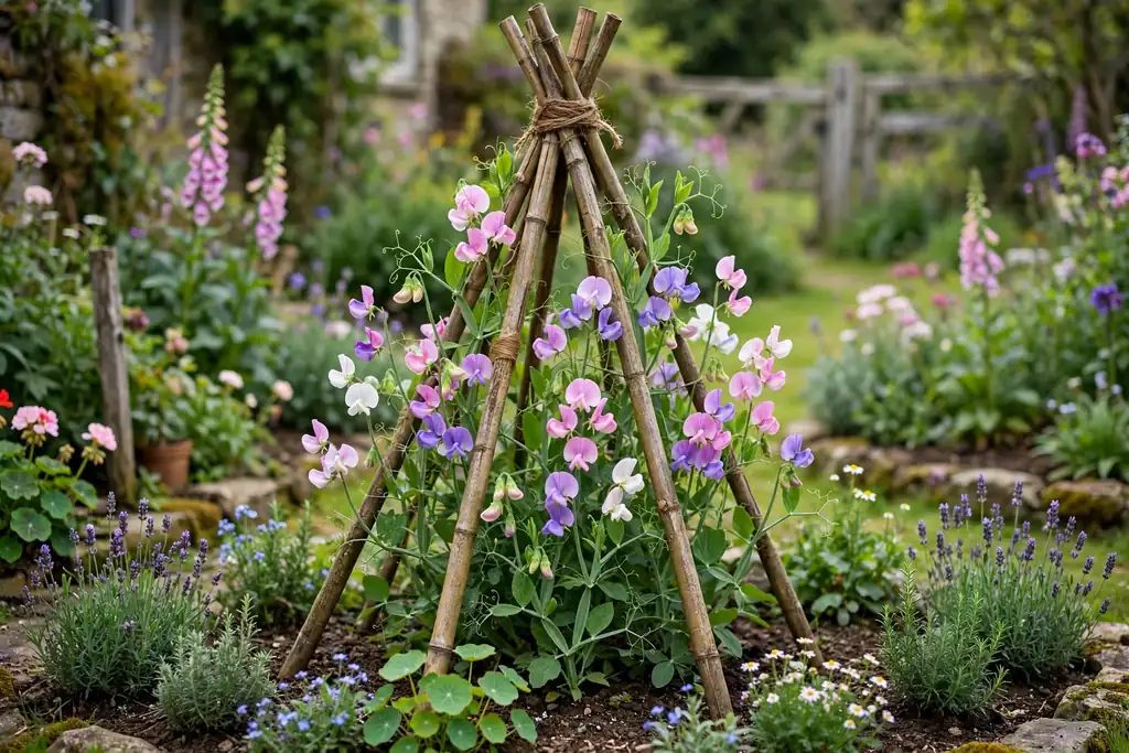 Sweet peas flowering on a bamboo wigwam in a garden bed