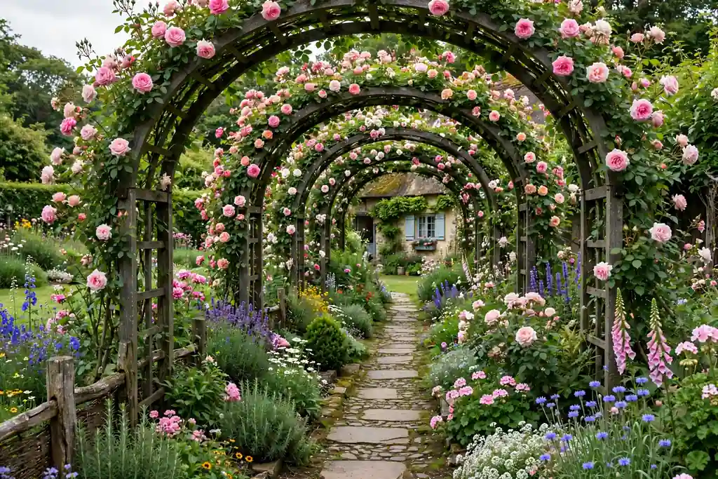 Rose arches forming a flower walkway between garden areas