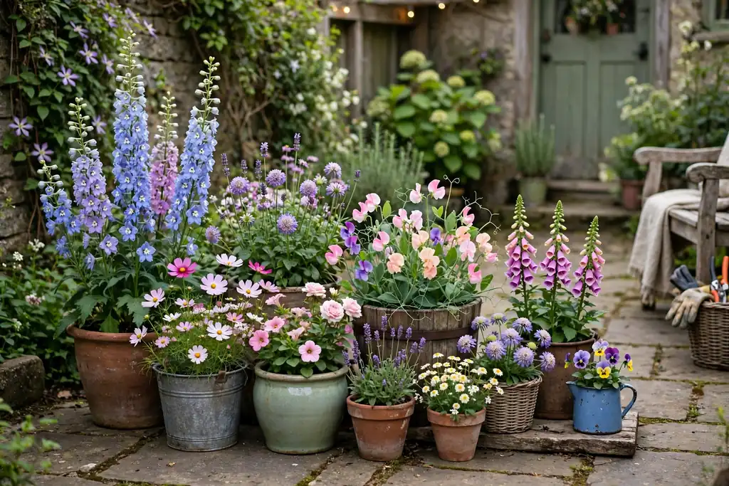 Patio with grouped containers planted with cottage flowers