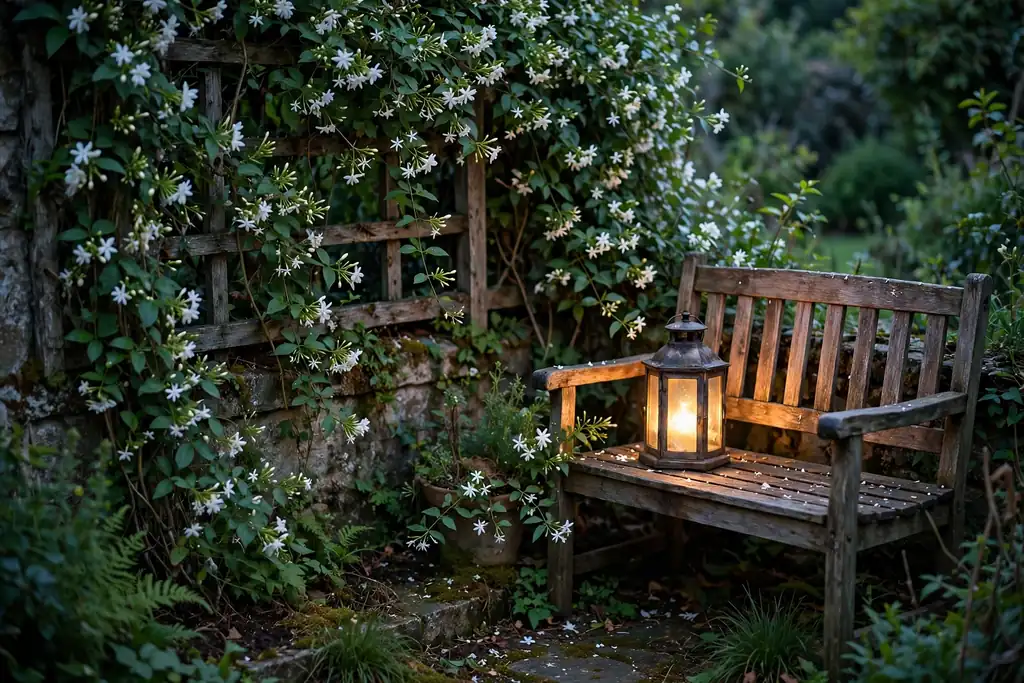 Evening garden corner with jasmine, a seat, and a glowing lantern