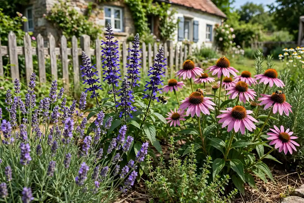 Sunny pollinator bed with lavender, salvia, and coneflowers in bloom