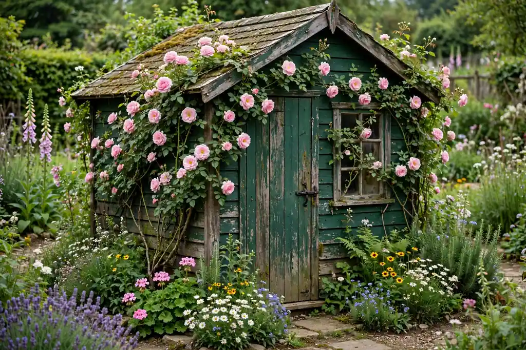 Garden shed with climbing roses growing on its walls