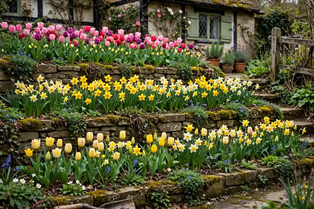 Layered spring bulbs flowering in tiers in a cottage bed