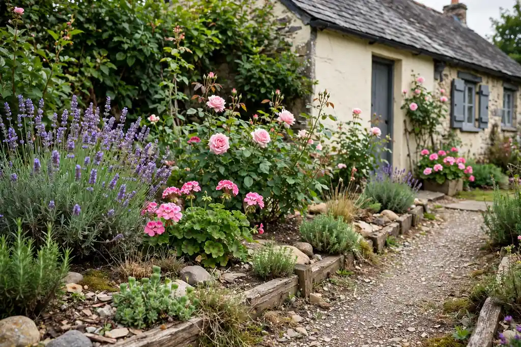Low-care cottage front garden with roses, lavender, and geraniums