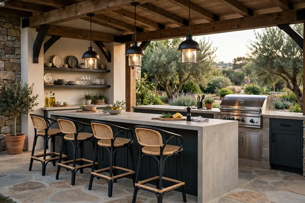 Covered outdoor kitchen counter with bar stools, pendant lights, and a grill.