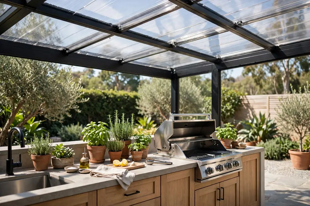 Clear polycarbonate roof over a bright outdoor kitchen counter with a grill.