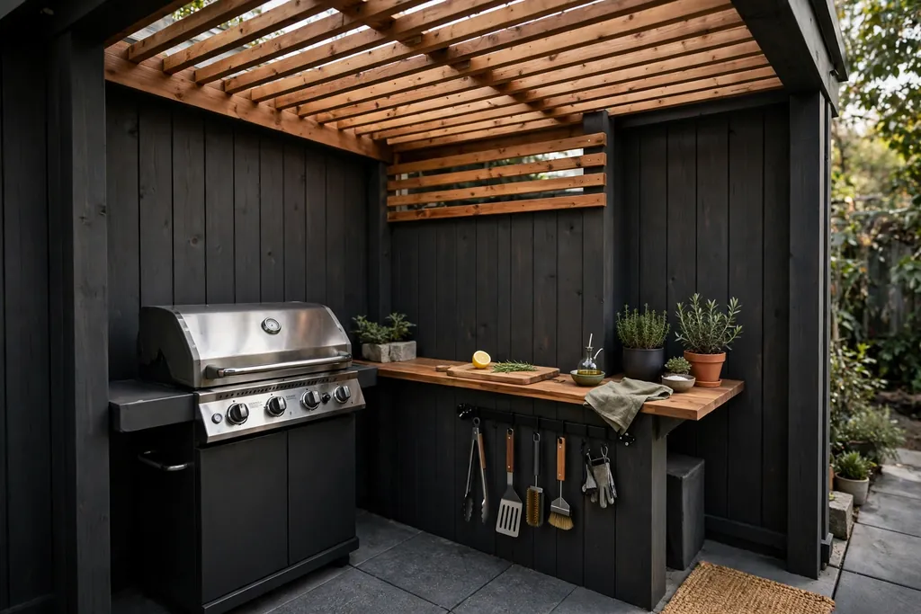Compact covered grill nook on a small patio with a grill and prep shelf.