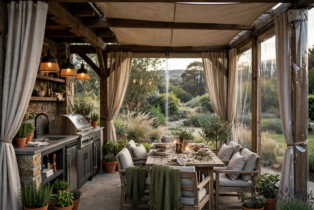 Covered outdoor kitchen with outdoor curtains and wind screens around seating.