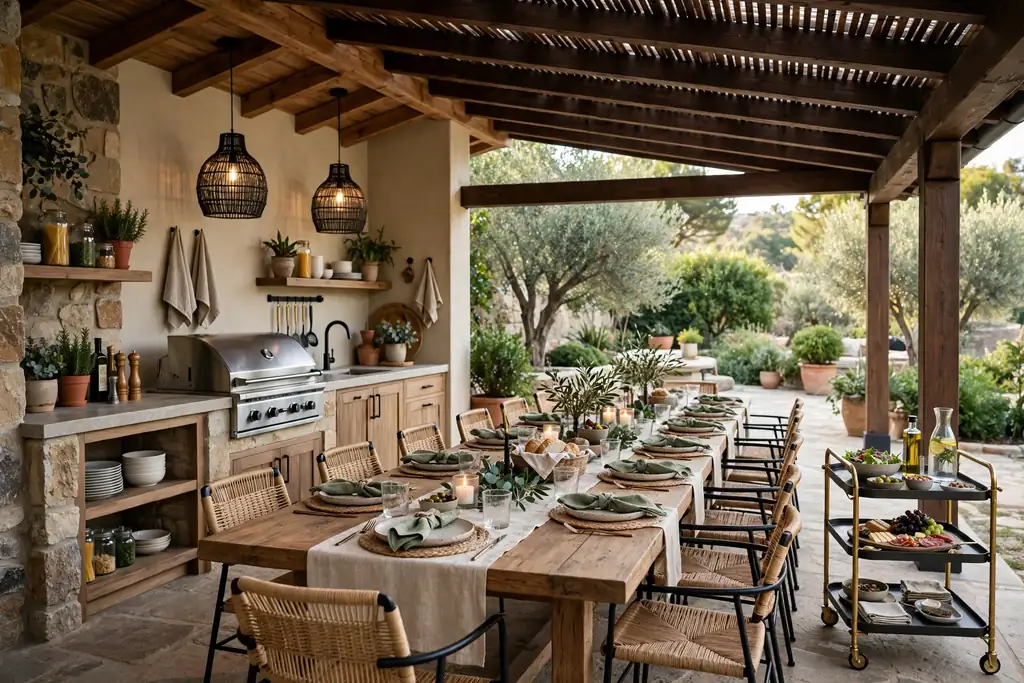 Covered outdoor kitchen and long dining table under one roof.