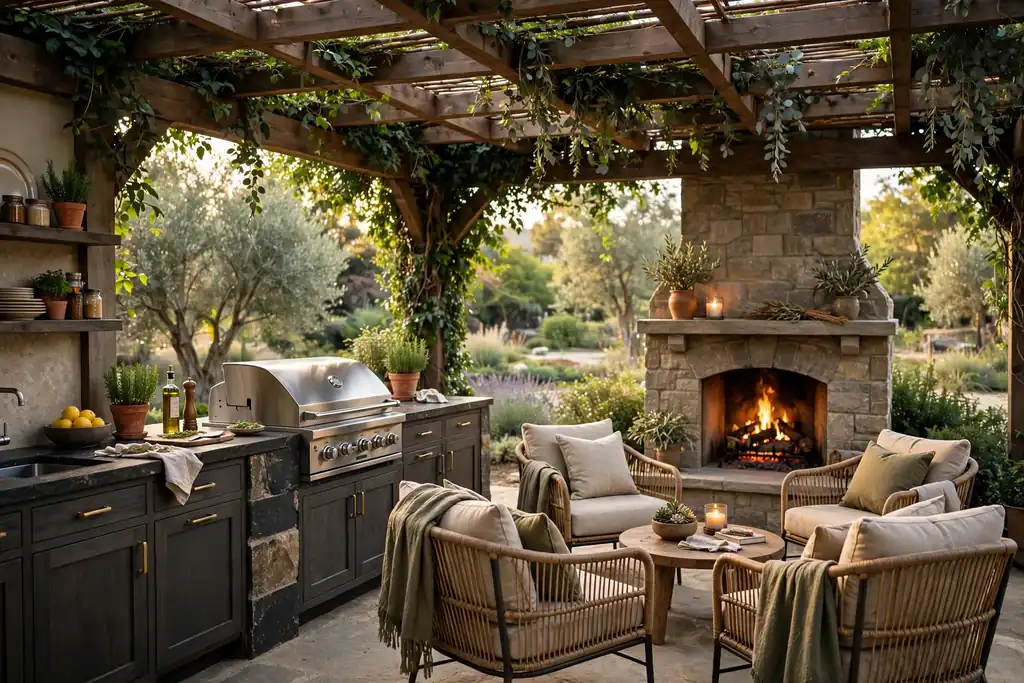 Covered outdoor kitchen with a fireplace at the seating end and a grill counter.
