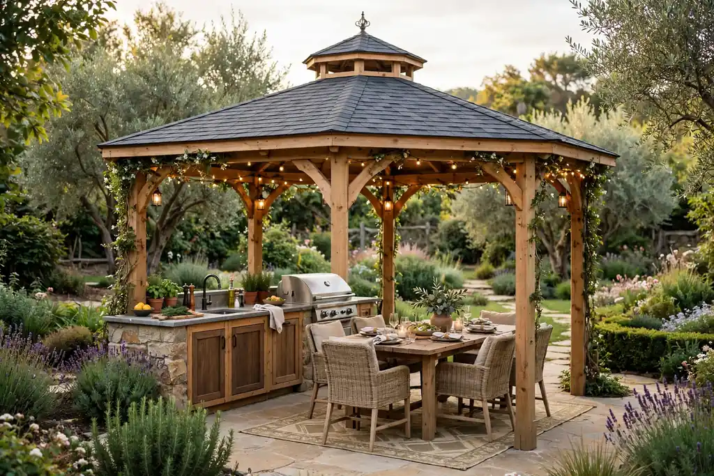 Freestanding gazebo kitchen in a garden with a grill counter and dining table.