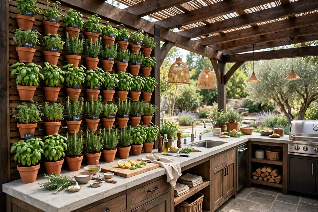 Covered outdoor kitchen with a herb wall beside the prep counter.