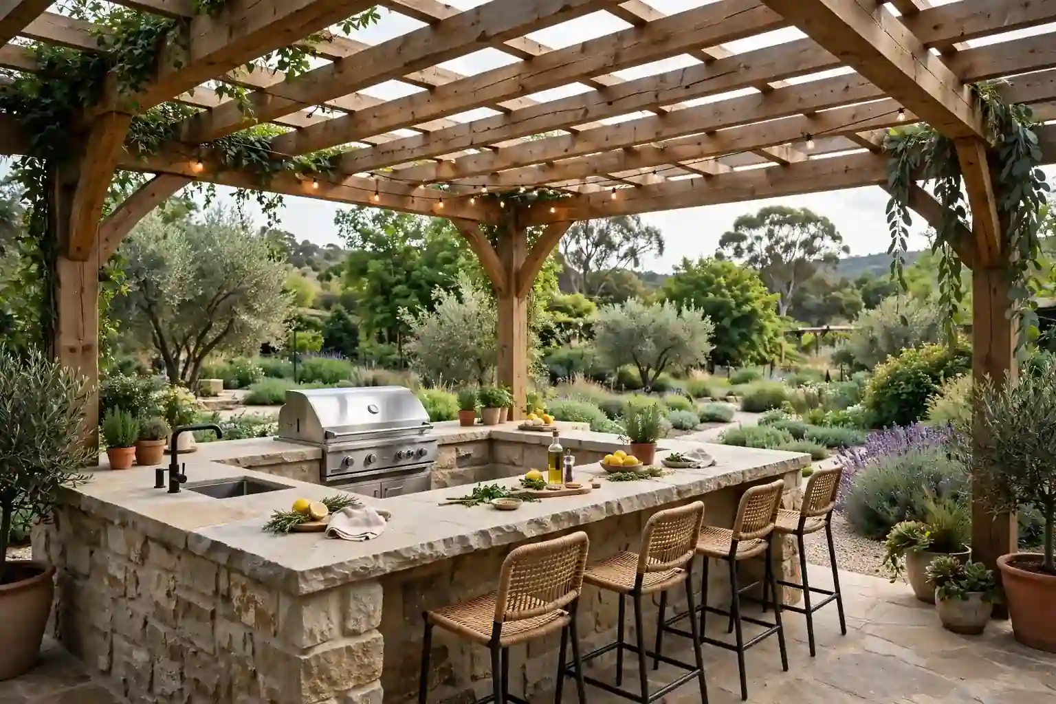 Wide covered outdoor kitchen with a timber pergola, an L shaped stone counter, a grill, and bar stools.