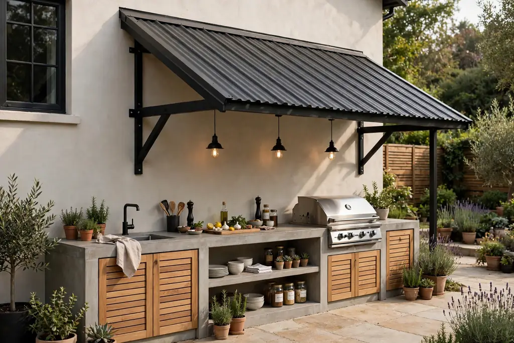 Lean to metal roof beside a house wall over a straight outdoor kitchen counter.
