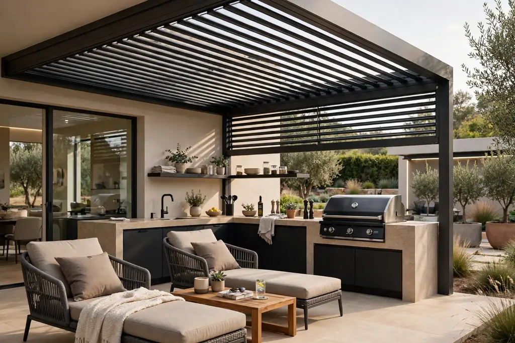 Modern outdoor kitchen under an adjustable louvered roof with a grill counter.