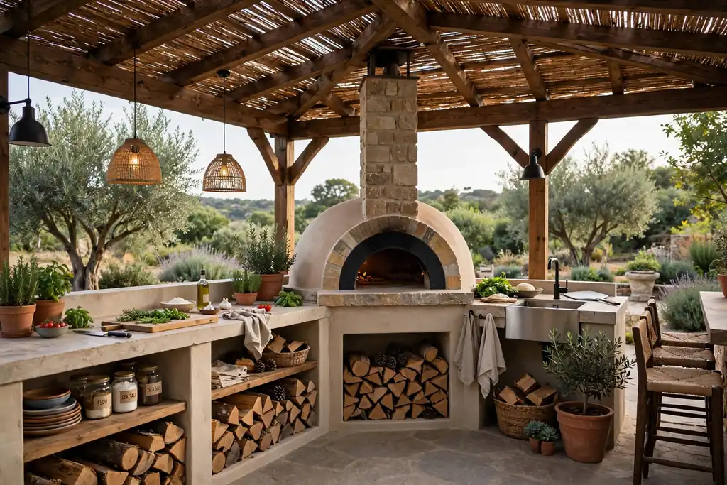 Covered outdoor kitchen with a built in pizza oven, prep counter, and wood store.