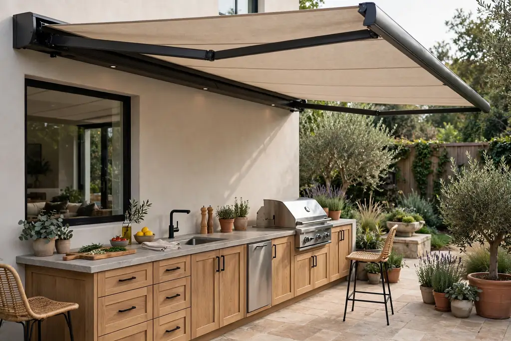 Retractable canopy over a straight outdoor kitchen counter and grill on a patio.