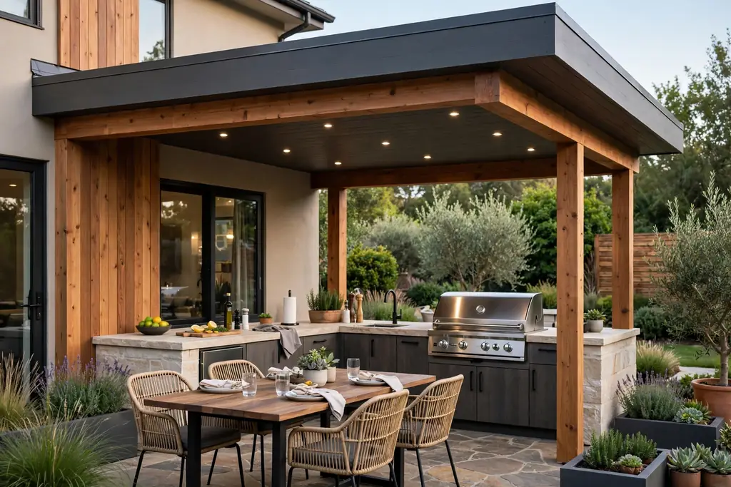 Solid roof extension from a house over an outdoor kitchen counter and grill.
