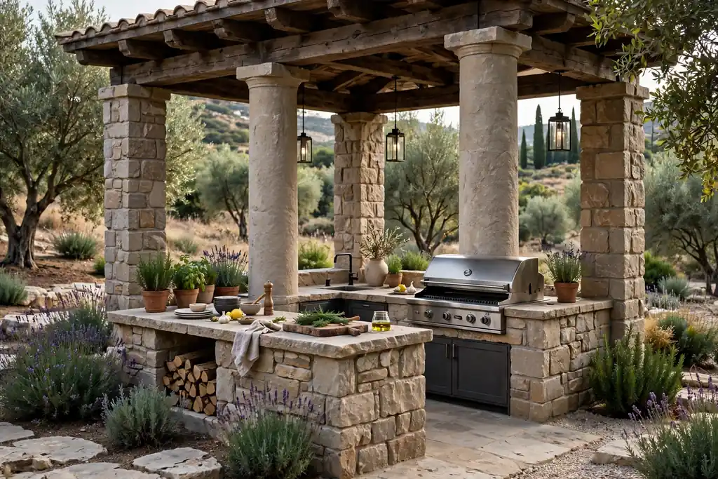 Stone pavilion with columns over a built in outdoor kitchen counter and grill.