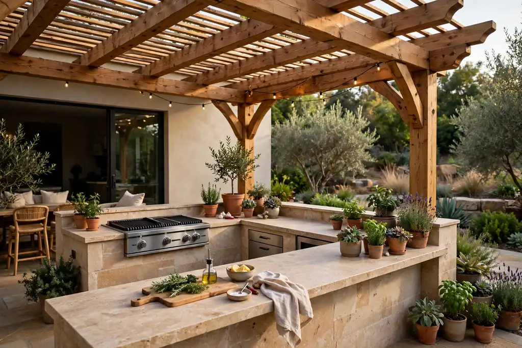 Timber pergola over an L shaped outdoor kitchen counter with a grill and prep space.