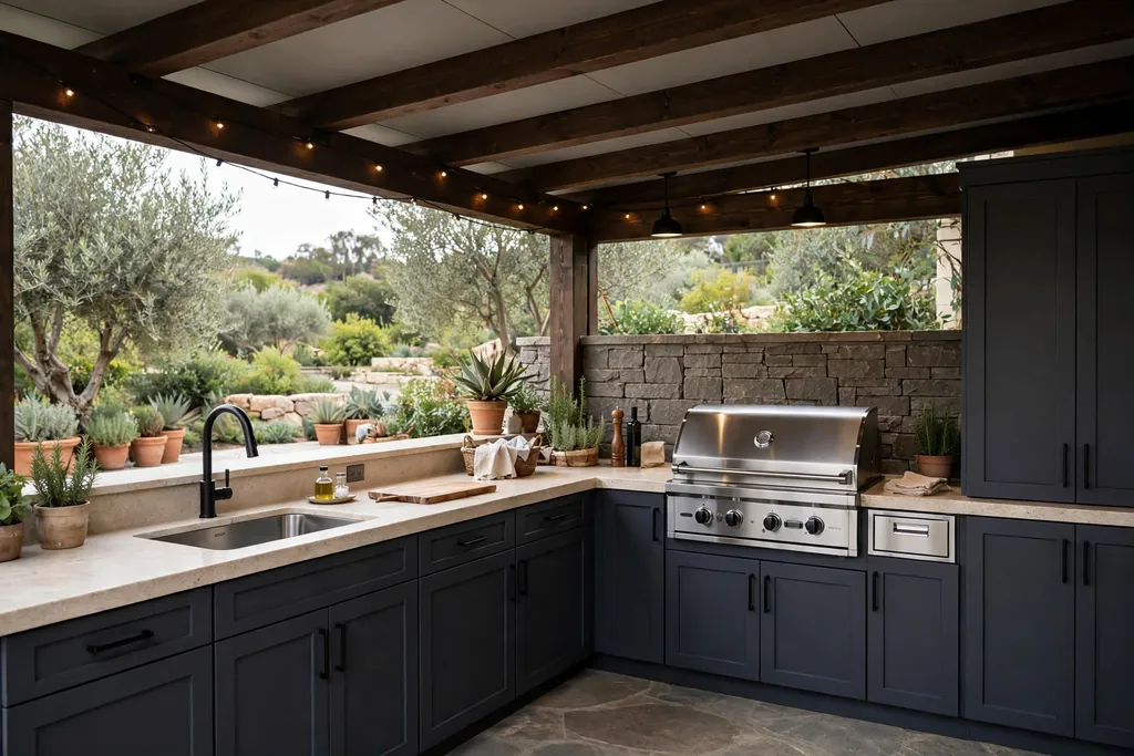 Full covered outdoor kitchen with a grill, sink, and closed storage cabinets.