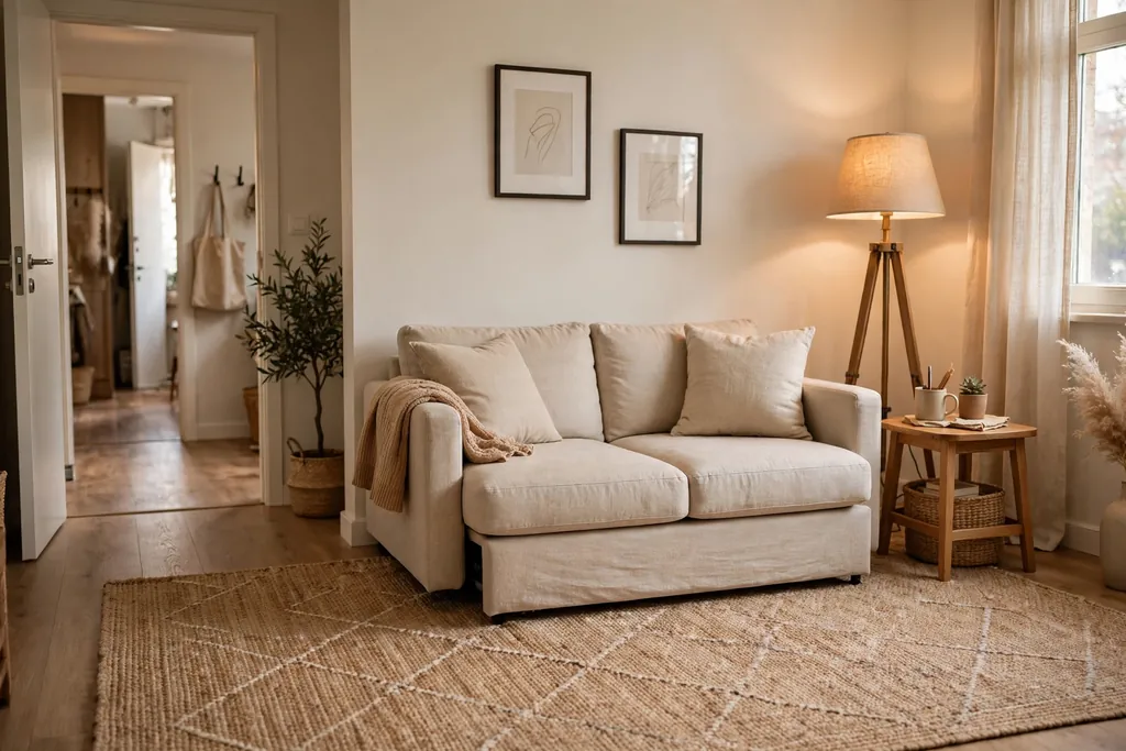 Compact sofa floated on a large rug in a small apartment living room with a clear walkway