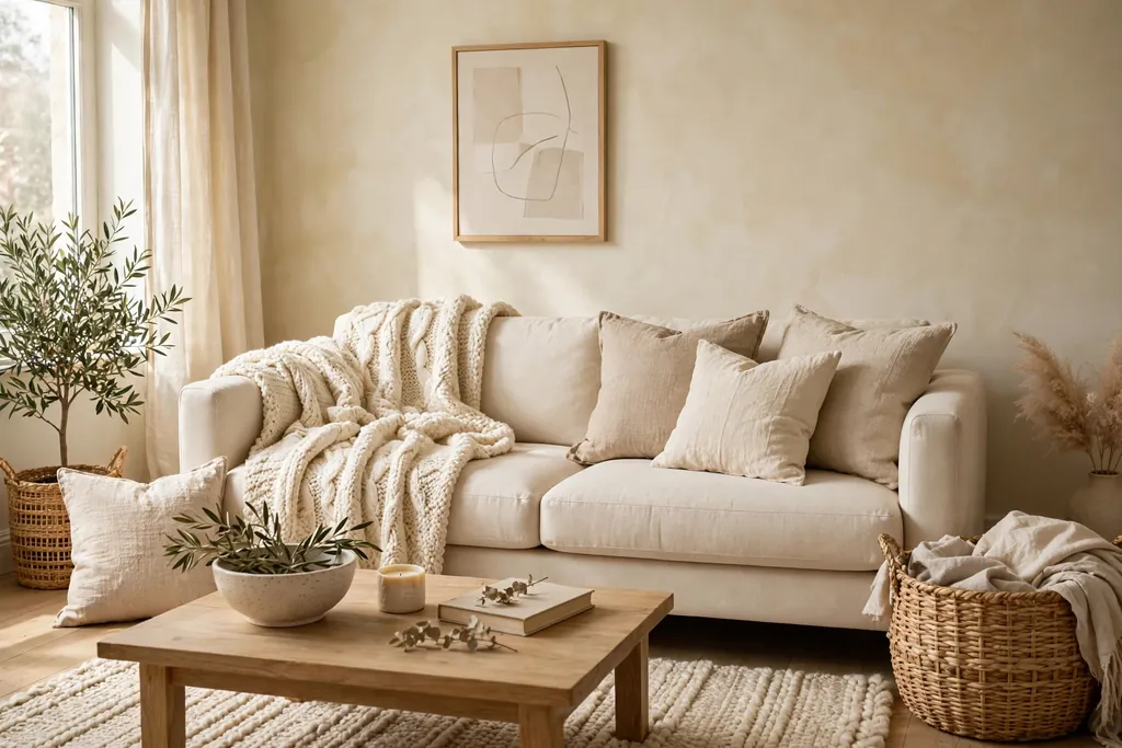 Warm neutral apartment living room layered with a nubby throw linen cushions and a woven basket
