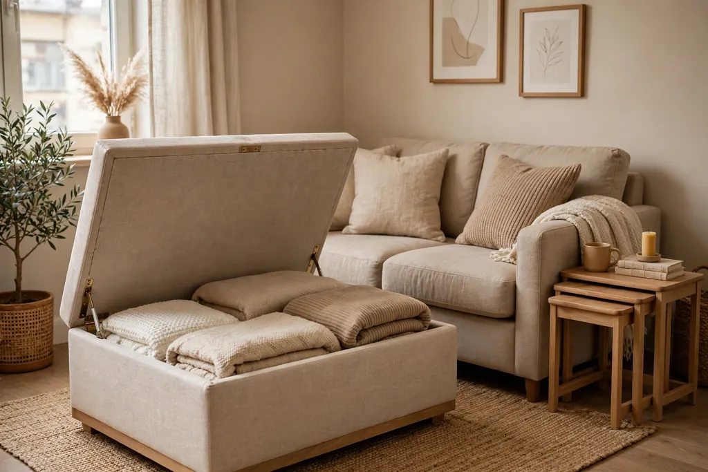 Storage ottoman holding folded blankets beside a loveseat with nesting tables in a small living room