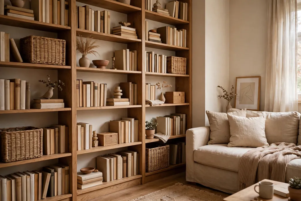 Tall shelf wall with books baskets and spaced display objects in a small apartment living room