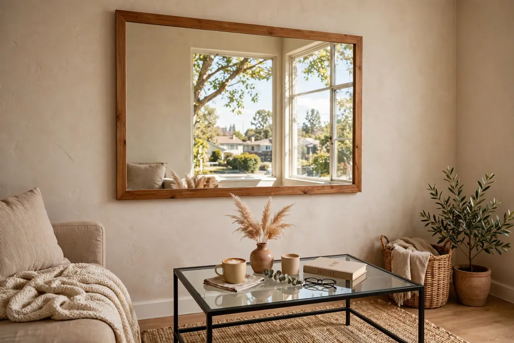 Large mirror reflecting window light above a glass-topped coffee table in a small living room