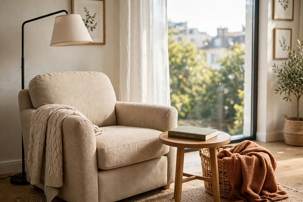 Reading corner with an armchair floor lamp and side table beside a bright apartment window