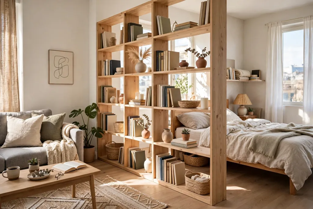Open bookcase divider separating a living area from a sleeping area in a bright studio apartment