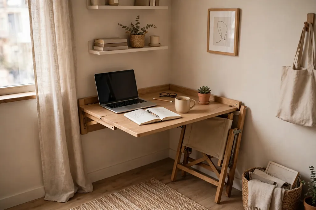 Wall-mounted fold-down desk open with a laptop and notebook in a small apartment living corner