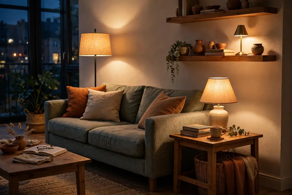Evening apartment living room lit by a floor lamp table lamp and small shelf lamp