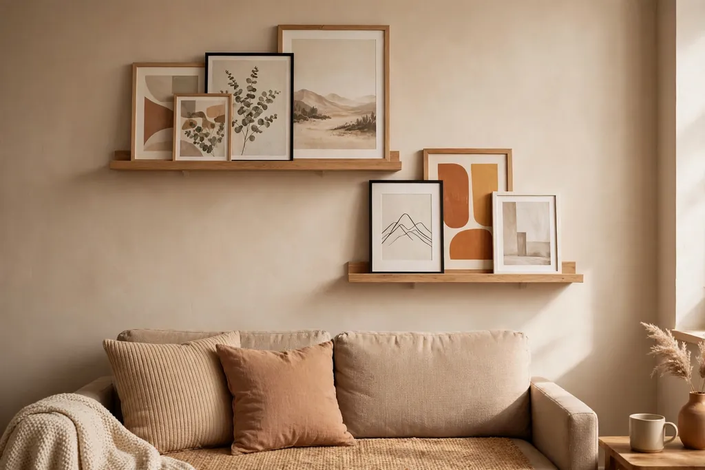 Picture ledges with overlapping framed prints of different sizes above a small apartment sofa