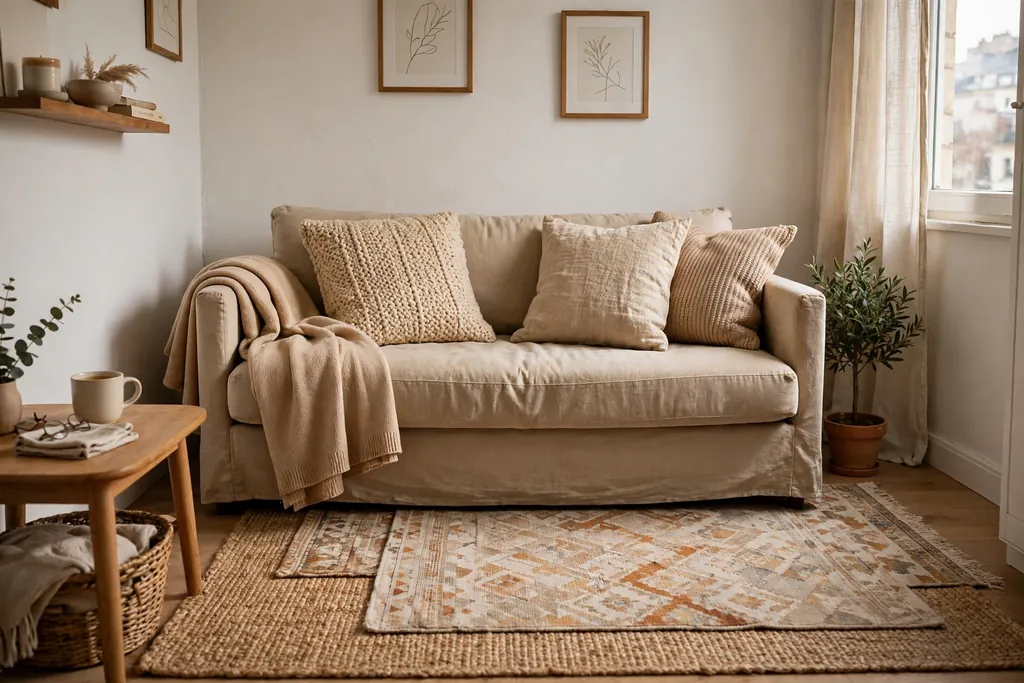 Layered rugs under a sofa with a folded throw and mixed linen and knit cushions