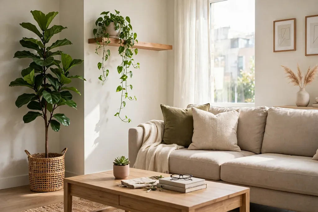 Apartment living room with plants at three heights: a tall floor plant a trailing shelf plant and a small table plant