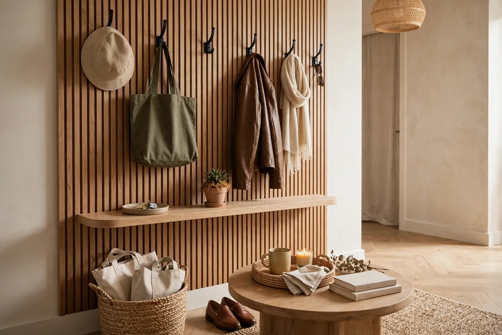 Apartment entry landing zone with wall hooks a small dish a basket and a tidy coffee table tray