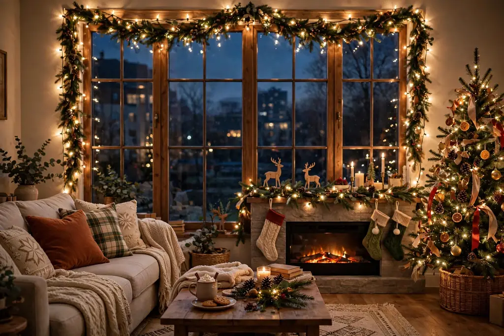 Living room window framed with warm white string lights in the evening.