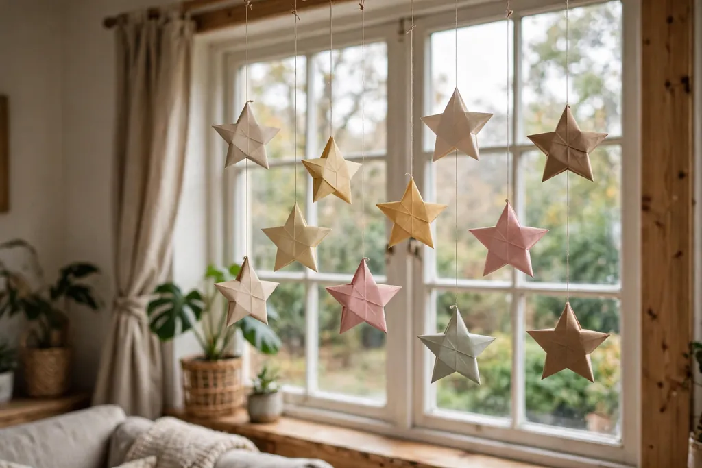 Folded paper stars hanging in a living room window on thin thread.