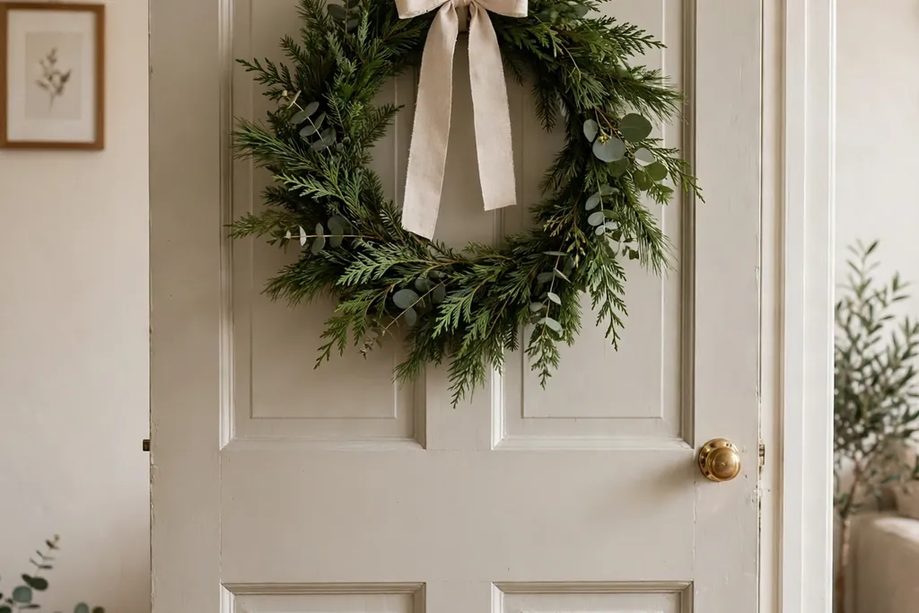 Simple evergreen wreath with a plain ribbon hung on a living room door.