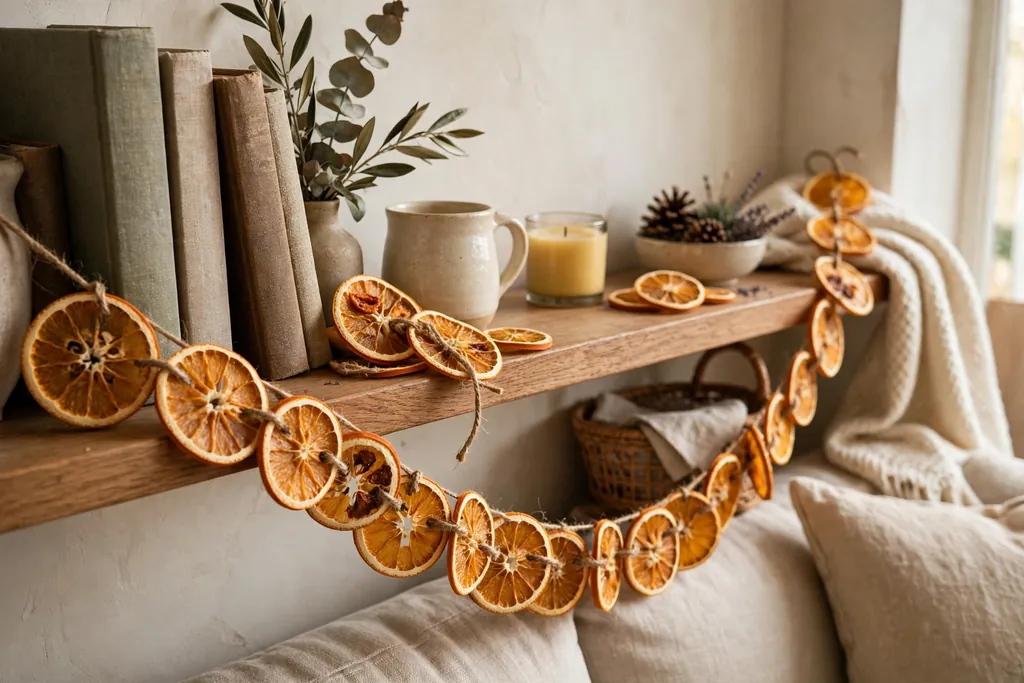 Dried orange slice garland on twine draped along a living room shelf.