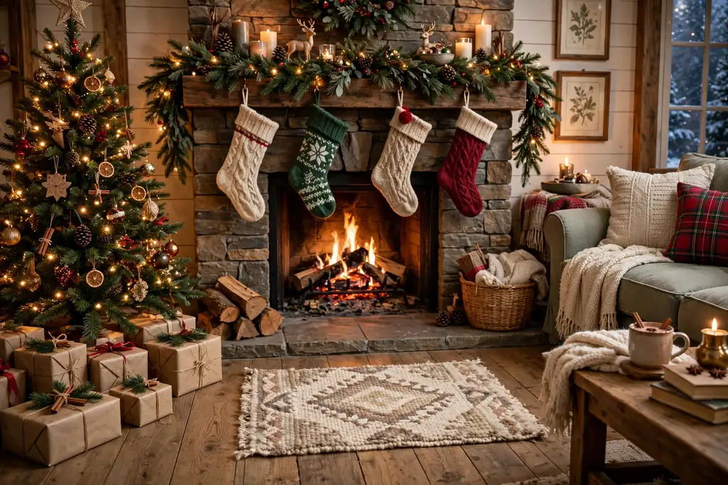 Small wool rug in front of a fireplace in a cozy living room.