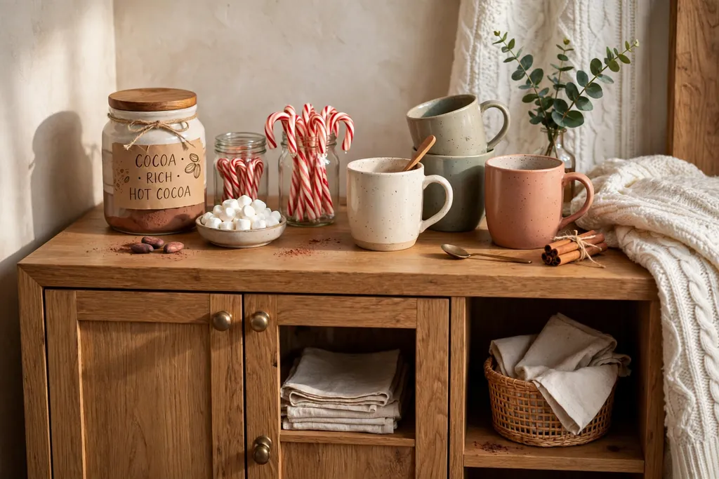 Sideboard with a small cocoa corner of mugs, a cocoa jar, and candy canes in a jar.
