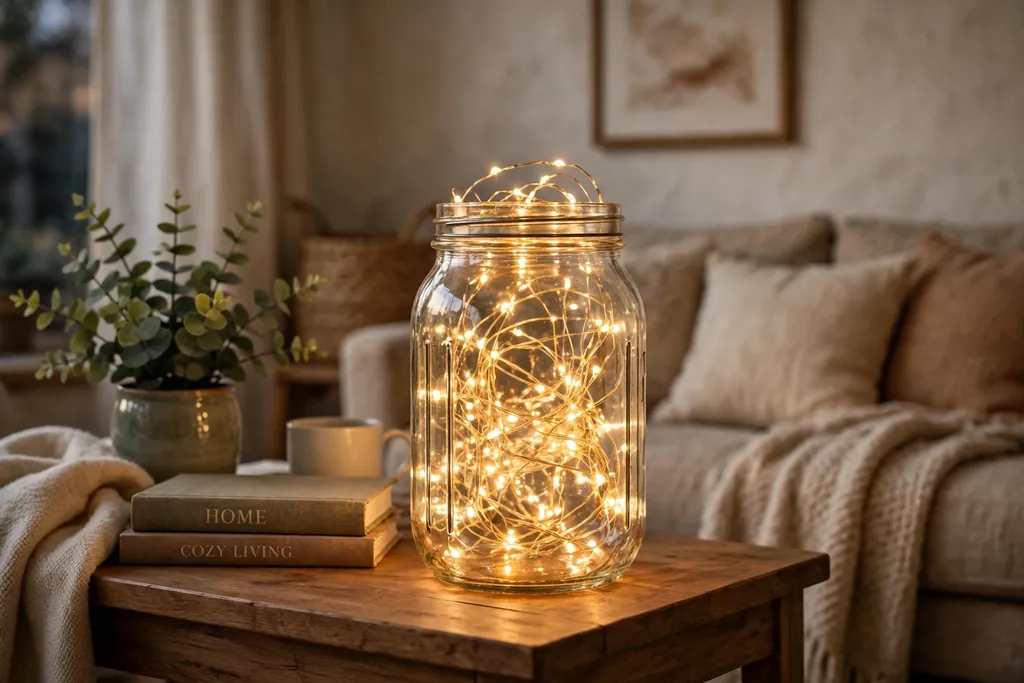 Glass jar with warm fairy lights on a living room side table.